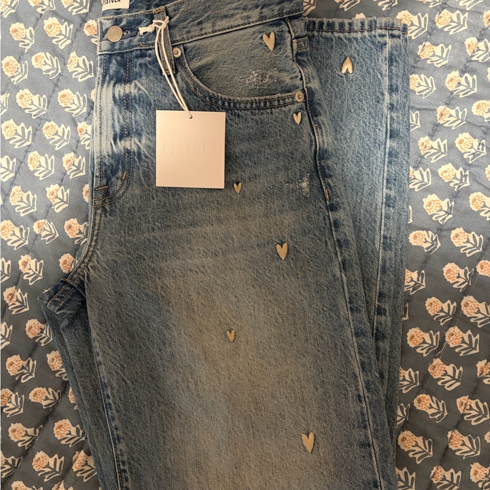 NWT Pistola Lexi Confetti Heart Embroidered Bowed Straight Jeans | Size 24 - Picture 7 of 9